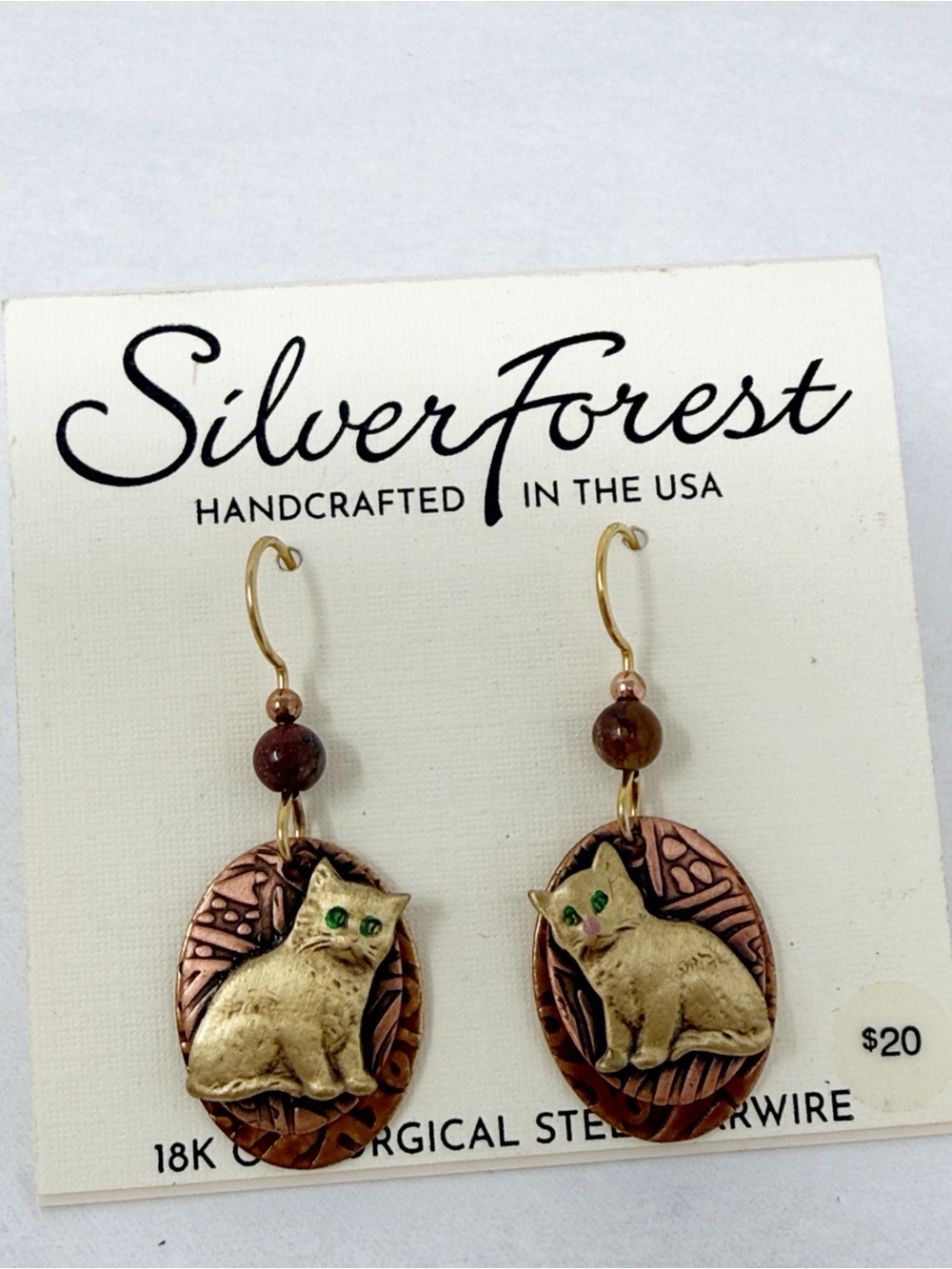 Silver Forest Cat Earrings 18K Gold Surgical Steel Ear Wires Made USA Whimsical